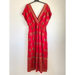 Lapogee Red Elephant Print Maxi Dress Boho V-Neck Maxi Dress Pockets Plus 3X‎